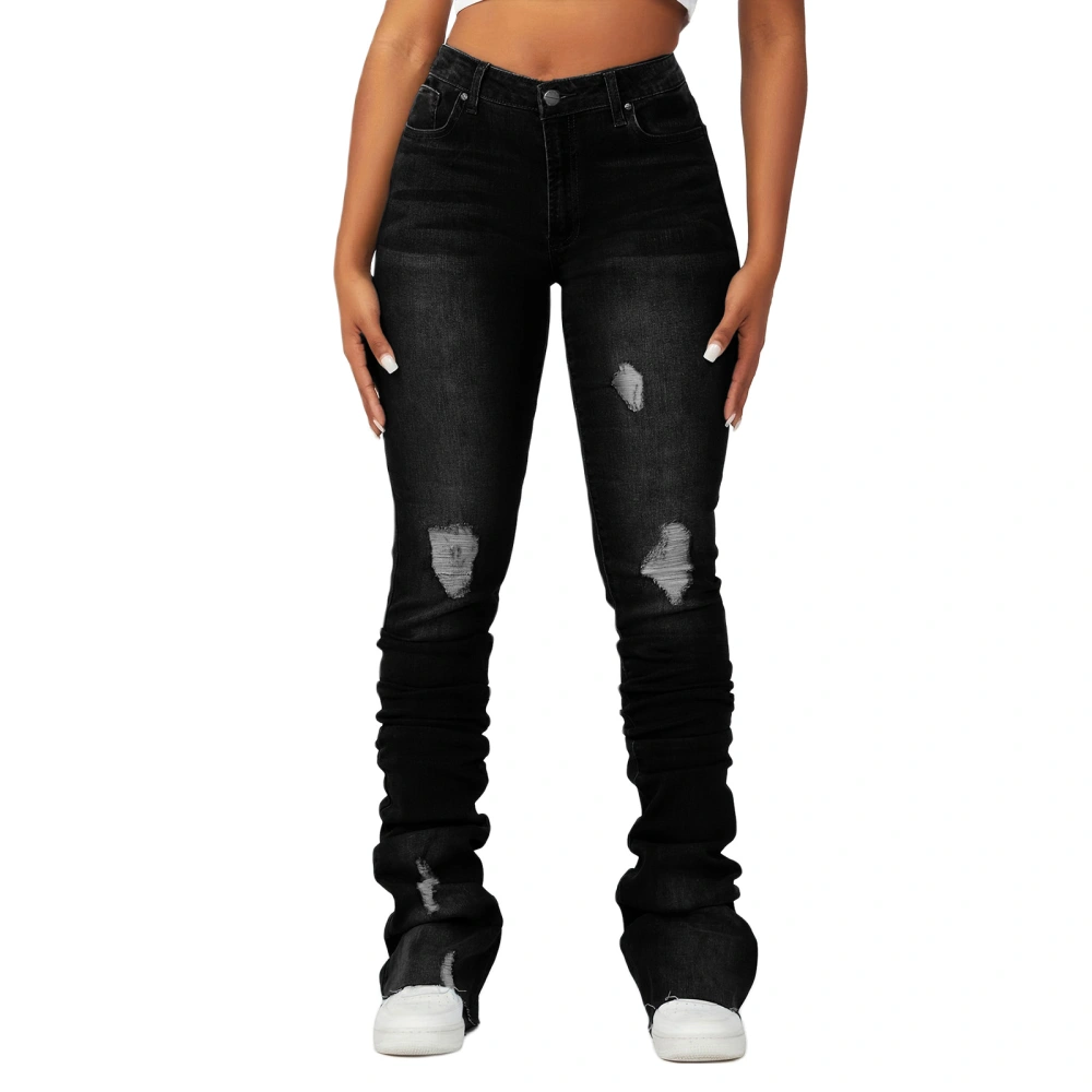 Women’s Ripped Stacked Jeans Fashion High Rise Slim Fit Denim Pants