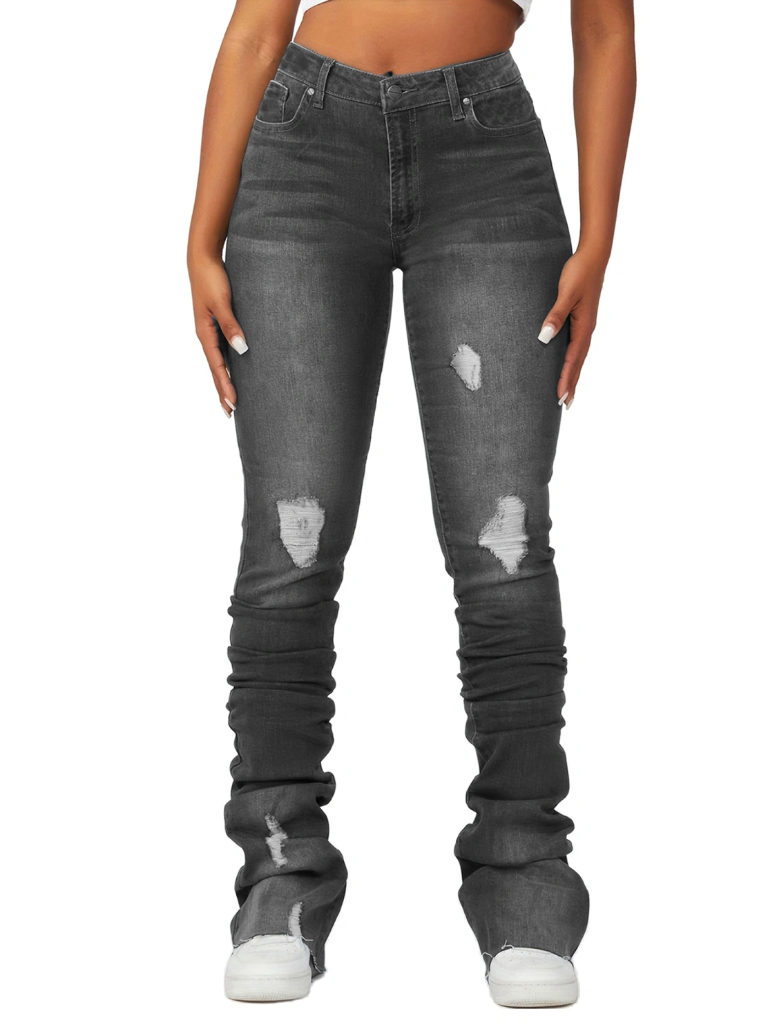 Women’s Ripped Stacked Jeans Fashion High Rise Slim Fit Denim Pants