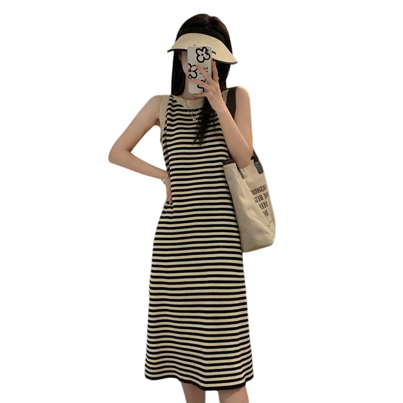 Women Knit Tank Dress Slim Round Neck Sleeveless Striped Short Dress 