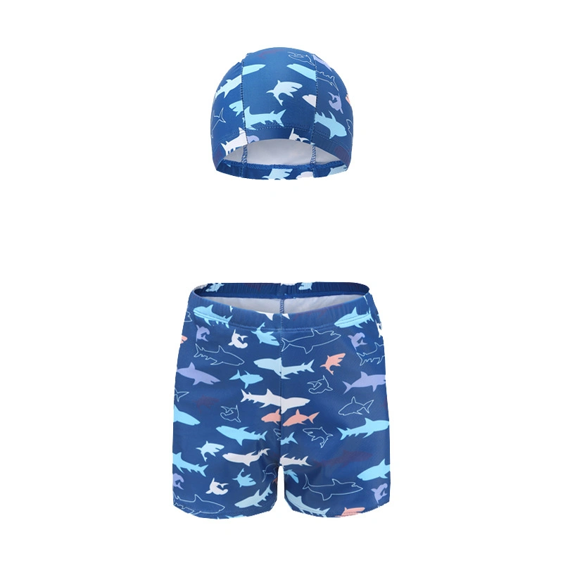 Kids Boys Swim Trunks Cute Shark Print Board Shorts and Swim Cap Set