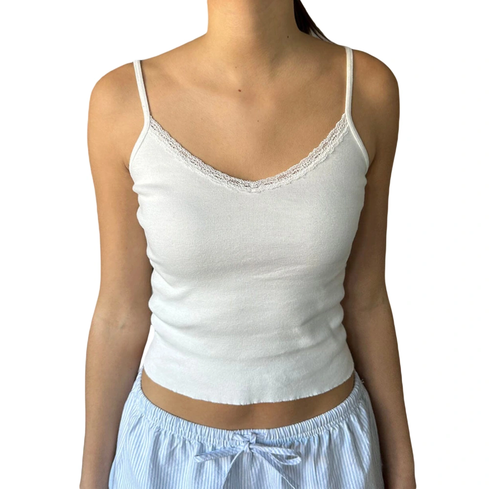 Women's Lace Trim Cami Tops Spaghetti Strap V-Neck Cropped Camisole 