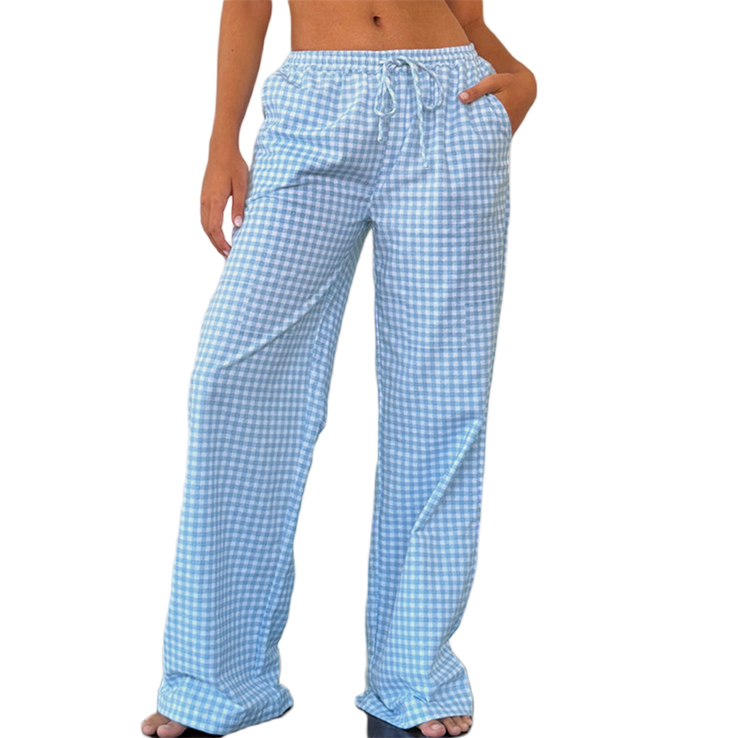 Women Wide Leg Pants Drawstring Elastic Waist Plaid/Solid Color Pants