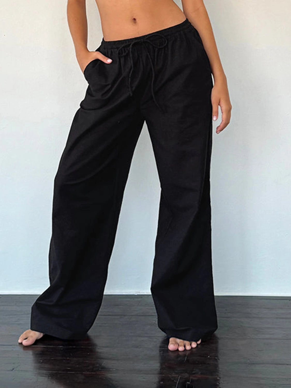 Women Wide Leg Pants Drawstring Elastic Waist Plaid/Solid Color Pants