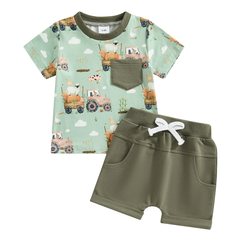 Boy Summer Outfit Truck Print Short Sleeve Pocket T-Shirt Shorts 