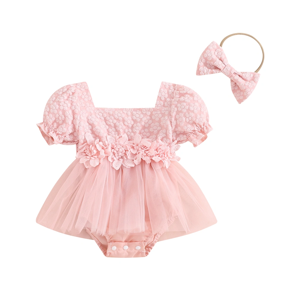 Baby Girls Romper Headband 3D Flower Short Puff Sleeve Tulle Jumpsuit 