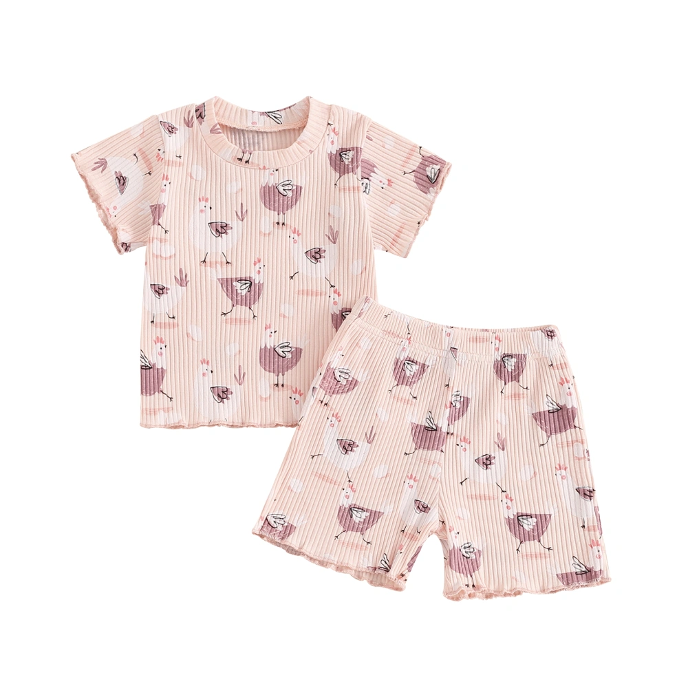 Toddler Girl Summer Outfit Hen/Dinosaur Print Tops Shorts Set