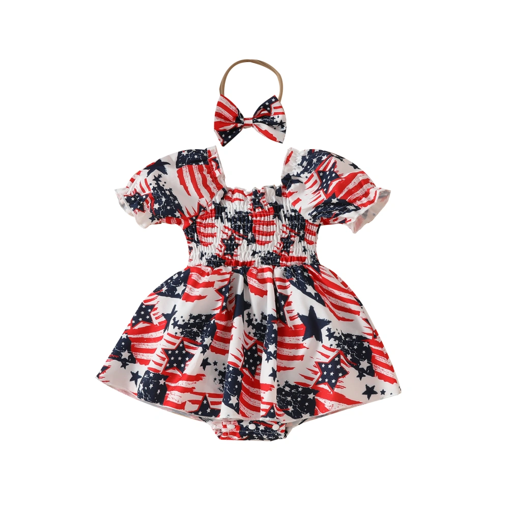 Baby Girl 4th of July Set, Puff Sleeve Shirred Romper Dress Headband 