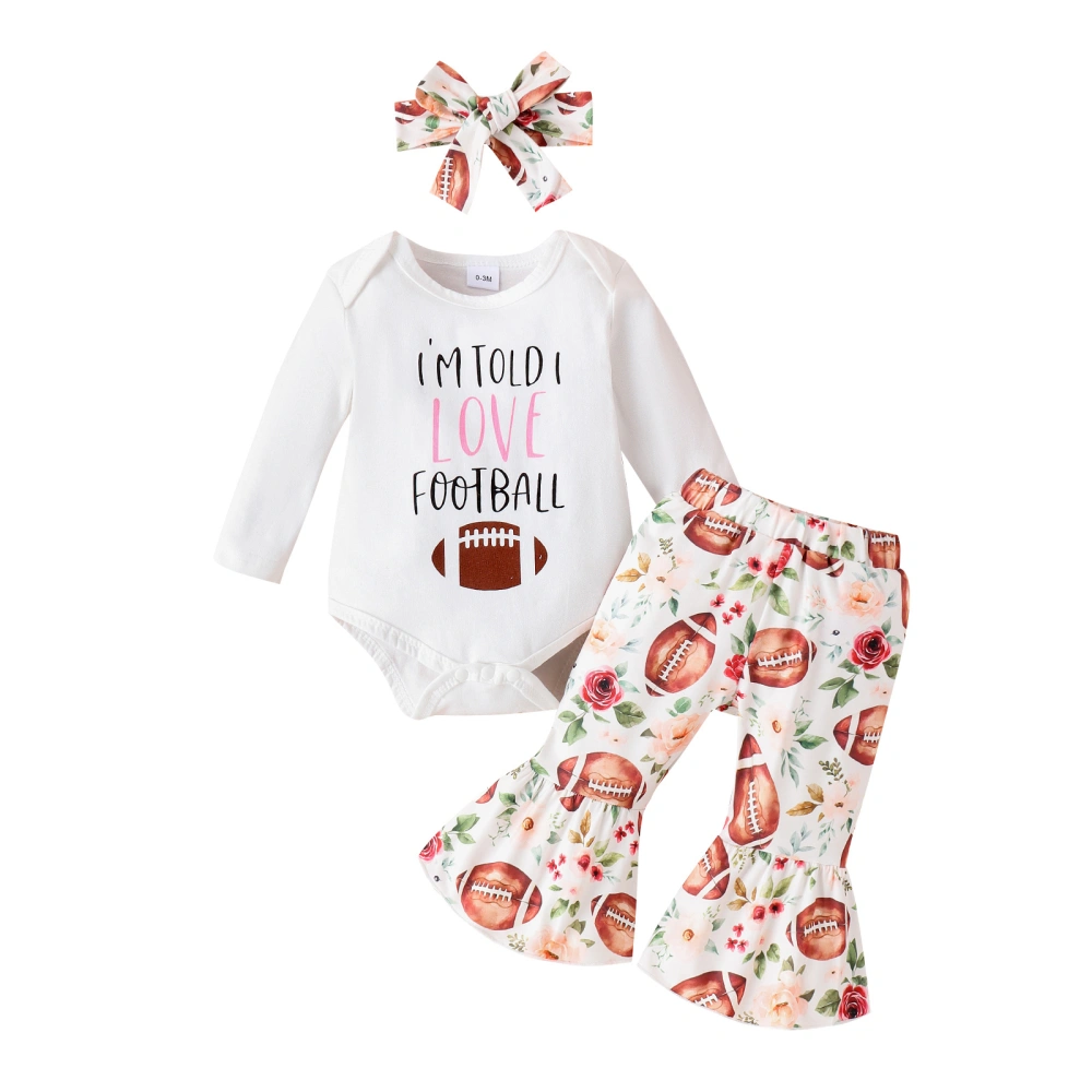 Baby Girl's Set, Rugby Print Long Sleeve Romper Flare Pants Headband