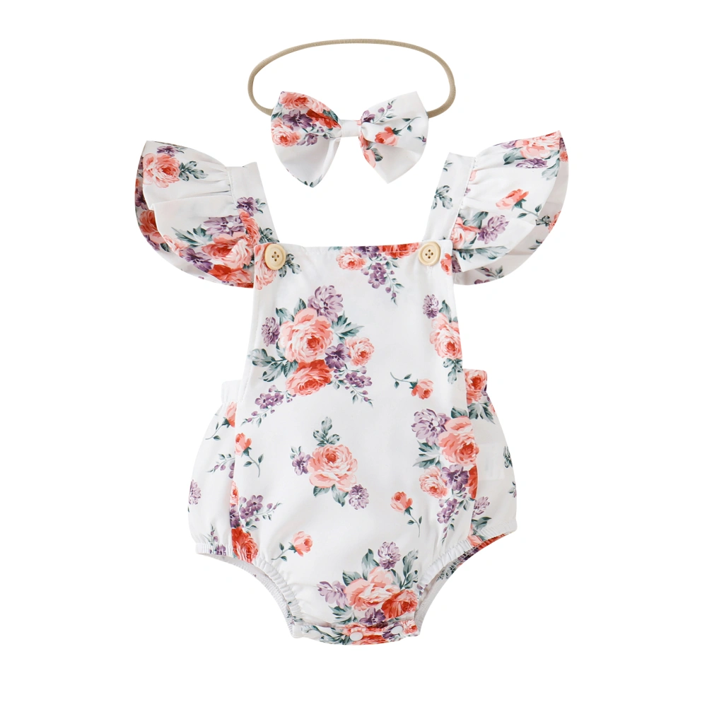 Baby Girl Flying Sleeves Jumpsuit Floral Print Romper Bow Headband