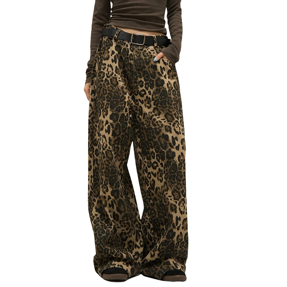 Women Wide Leg Jeans, Leopard Print Pants Loose Trousers with Pockets