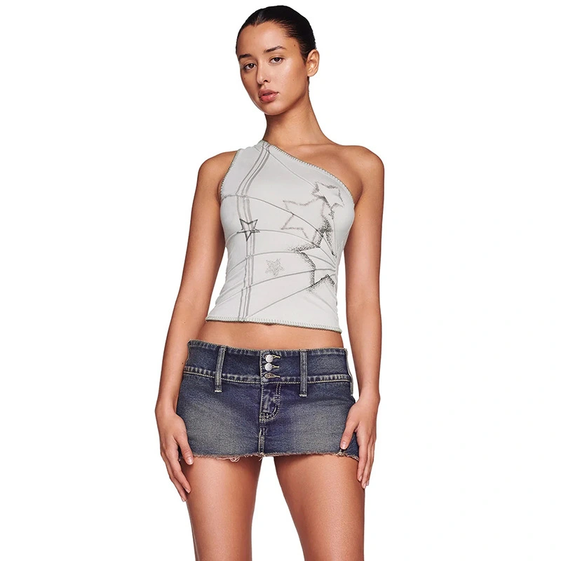 Women's Crop Tops Slim Star Slash Neck One Shoulder Sleeveless Shirt 