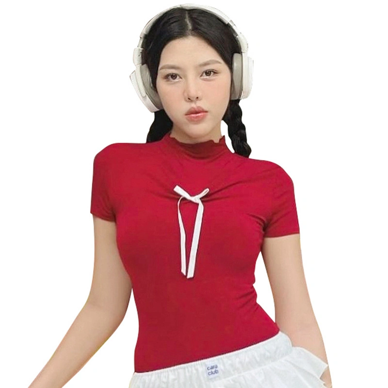 Women T-shirt, Turtleneck Short Sleeve Bow Slim Fit Summer Tops