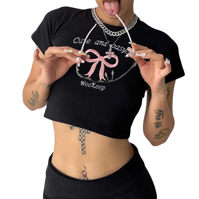 Women's Cropped T-Shirt Bow Letter Embroidery Short Sleeve Slim Tops