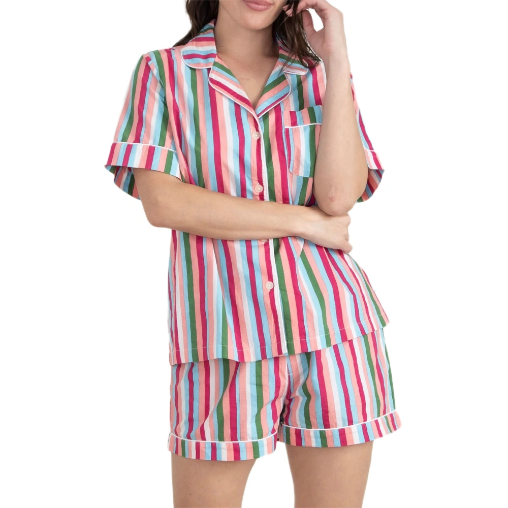 Women Summer Set, Heart Print Short Sleeve Button Down Shirt Shorts 