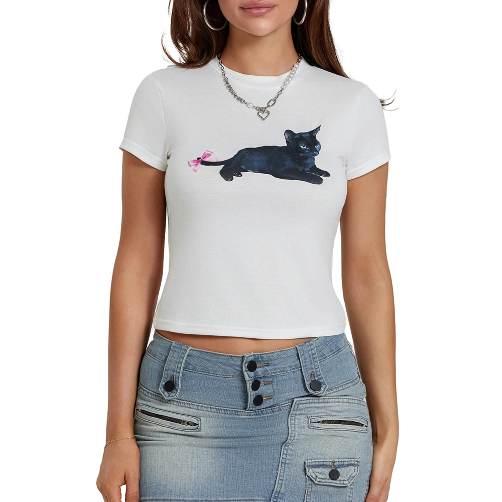 Women’s Slim Crop T-Shirt Animal Bow Print Short Sleeve Crop Tops