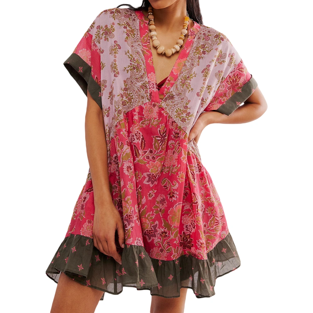 Women's Babydoll Dress Bohemian Floral Short Sleeve V-Neck Dress