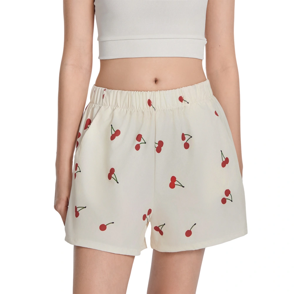 Women Pajama Shorts White Elastic Band Cherry Print Lounge Shorts