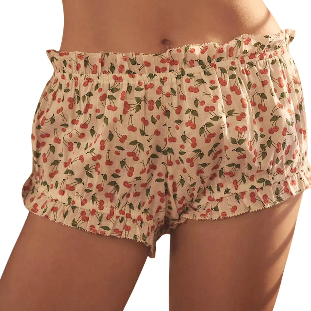 Women's Lounge Shorts Cherry Print Elastic Waist Ruffled Bloomers