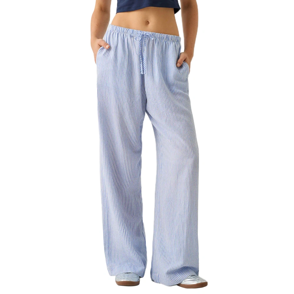 Women Striped Pants, Elastic Waist Trousers Loungewear with Pockets