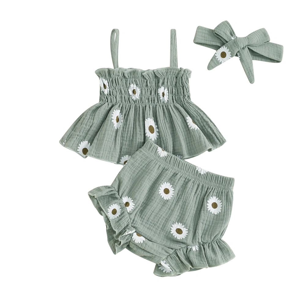 Baby Girls Shorts Set, Pleated Flower Print Camisole Shorts Hairband