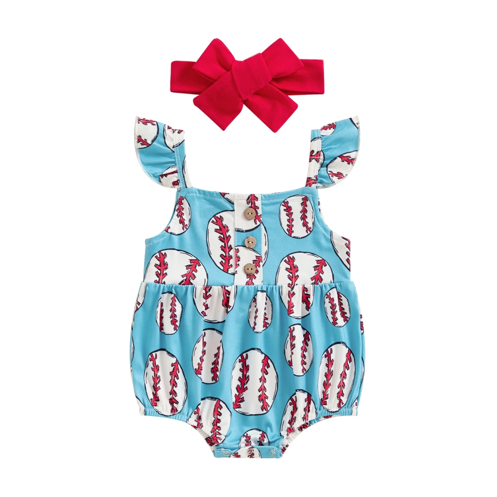 Baby Girls Rompers Baseball Print Buttons Bodysuits with Headband