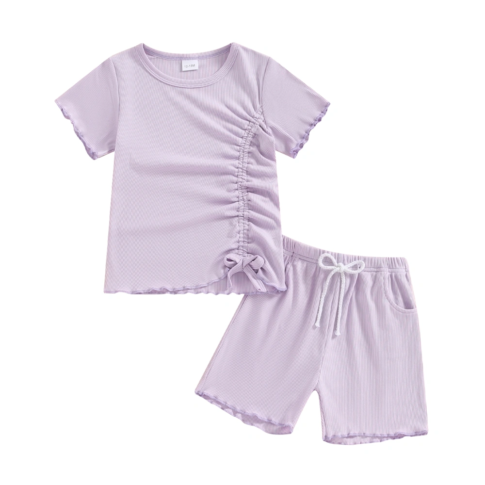 Girls Shorts Set Short Sleeve Crew Neck Drawstring T-shirt with Shorts