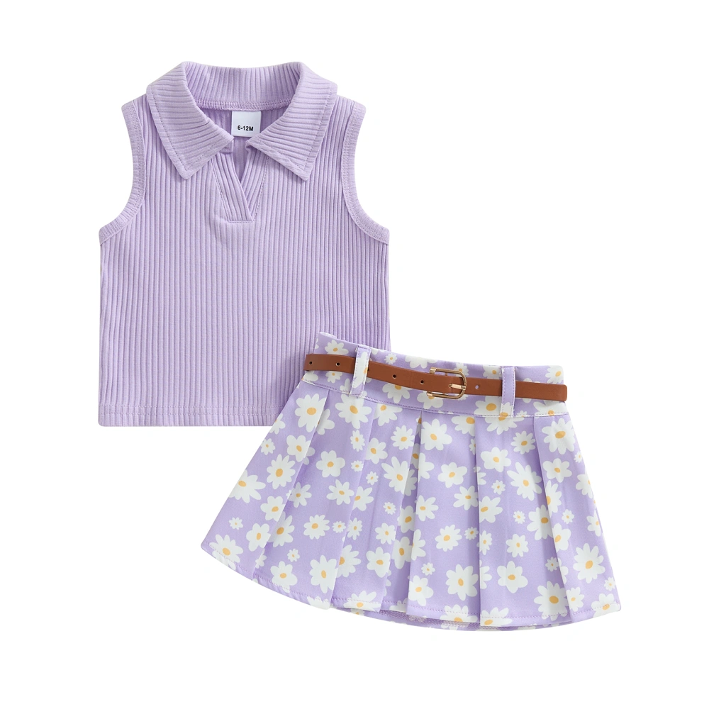 Toddler Girl Summer Outfit Solid Color Tops Pleated Skirts with Belt