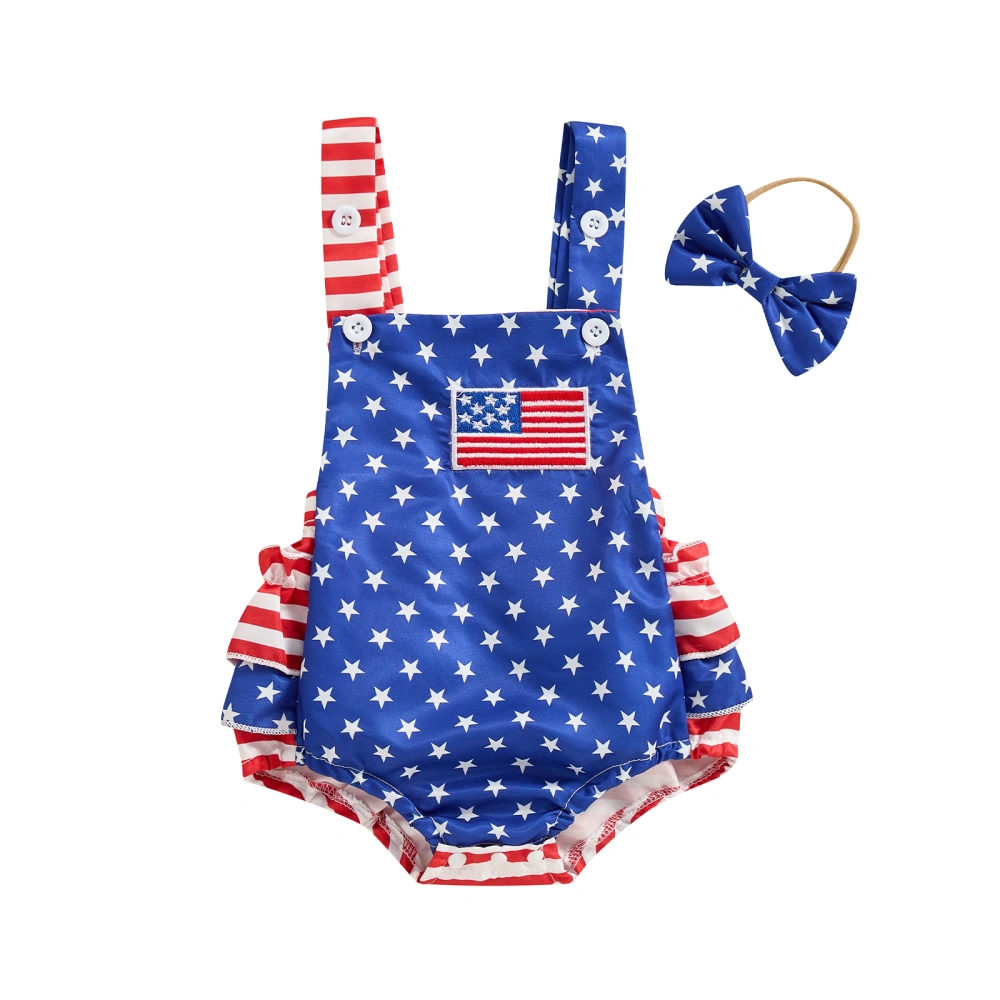 Baby Girl Outfit, Stripes Stars Print Overalls Romper with Hairband