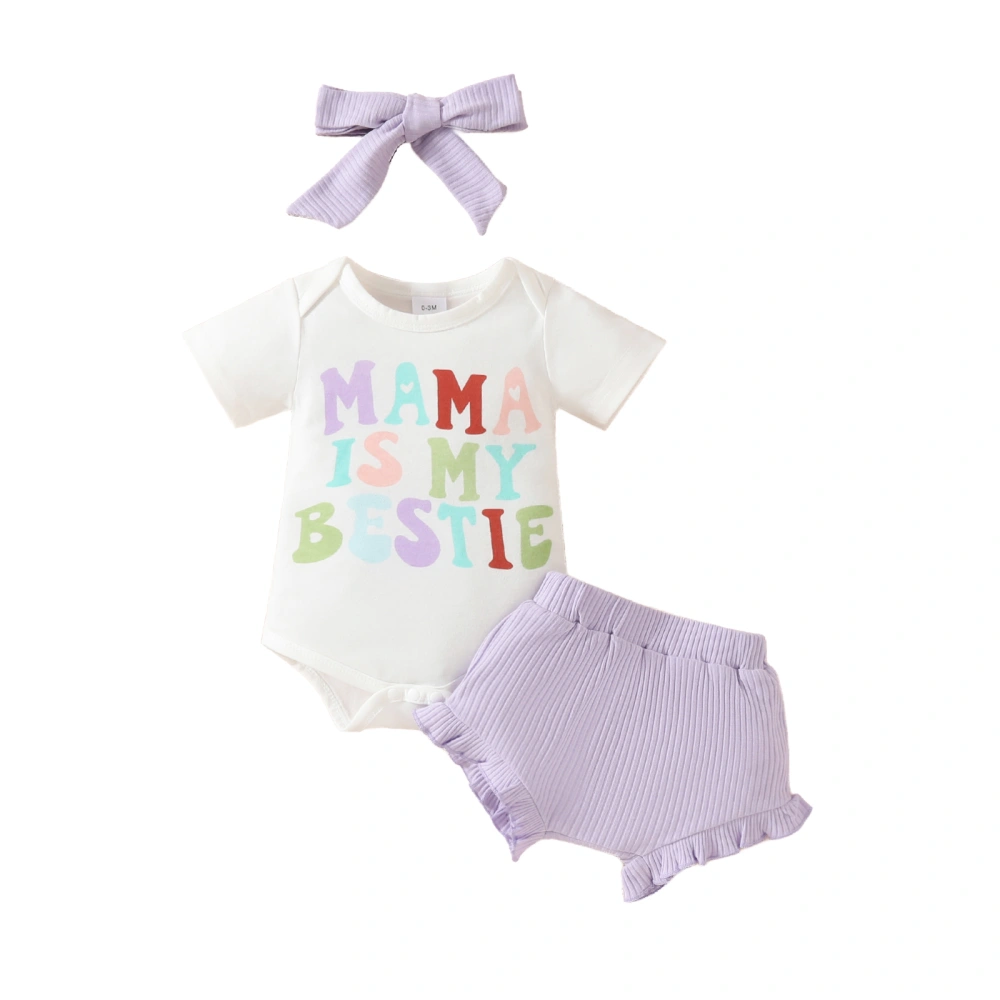 Girls Summer Outfits Letter Print Romper and Ribbed Shorts Headband