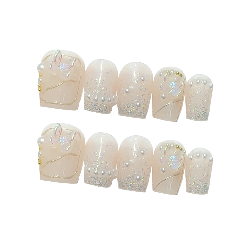 Butterfly Pearl Nails Set Natural Cute Elegant Artificial False Nail 