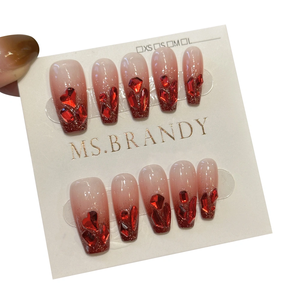 Red Press on Nails Gradient Coffin Fake Nails with Crystal Designs