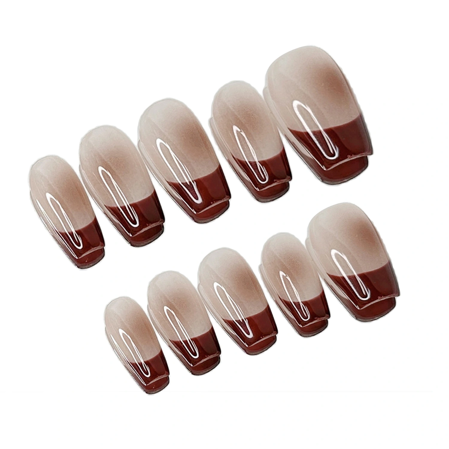 French Tip Press on Nails Chocolate Coffin Fake Nails Glue On Nails