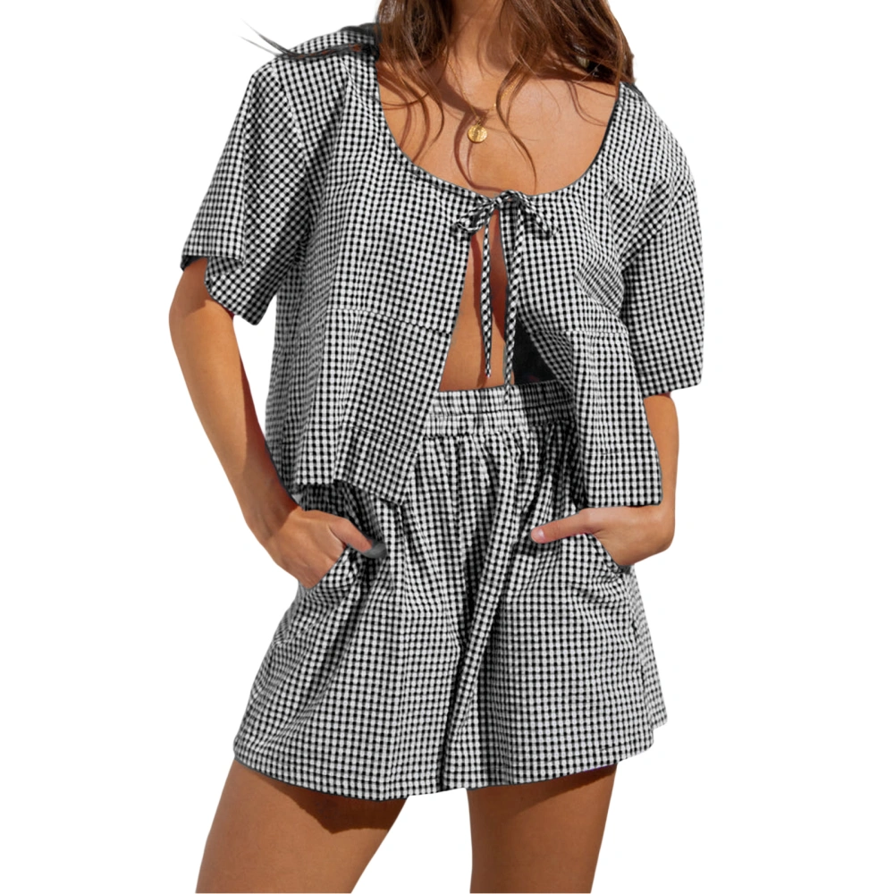 Women’s 2 Piece Outfits Short Sleeve Tie-up Tops + Pocket Shorts Set