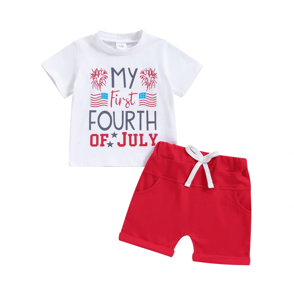 Boys Shorts Sets White Short Sleeve Letter Flag Print Tops Red Shorts