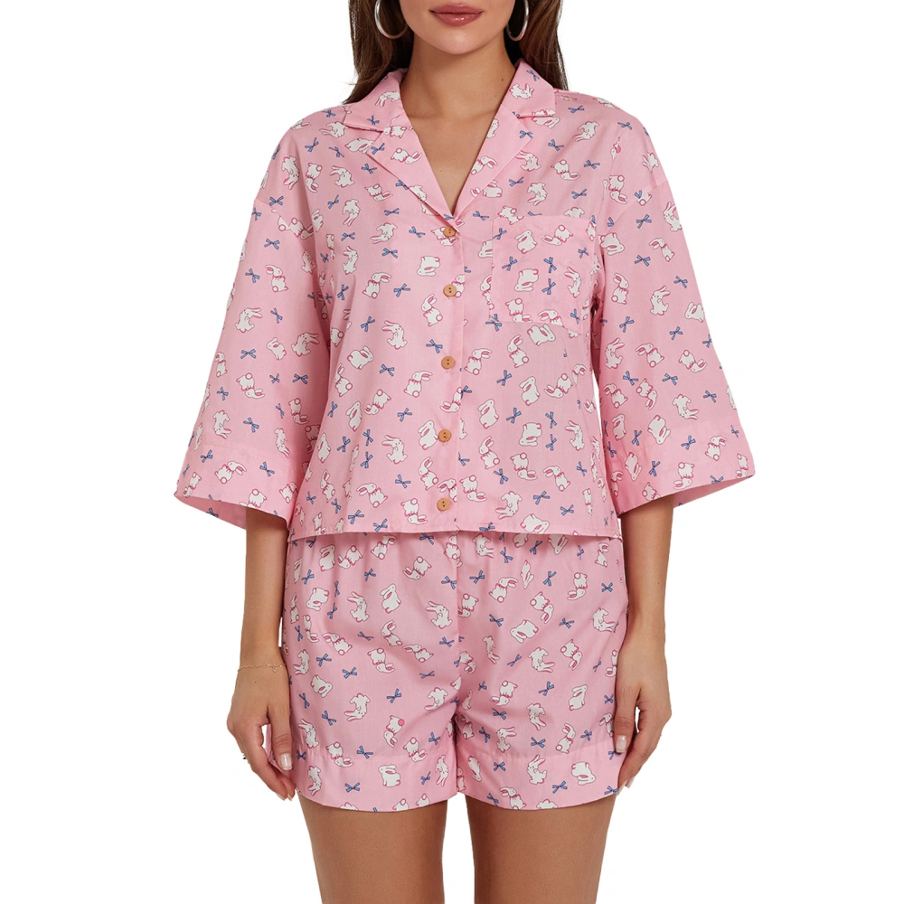 Mommy and Me Summer Pajamas Bunny Print Half Sleeves Tops Shorts