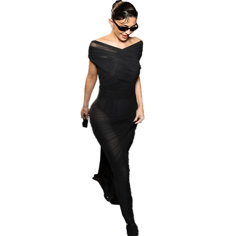 Women Long Evening Dress Black Off Shoulder Ruched Mesh Party Dress