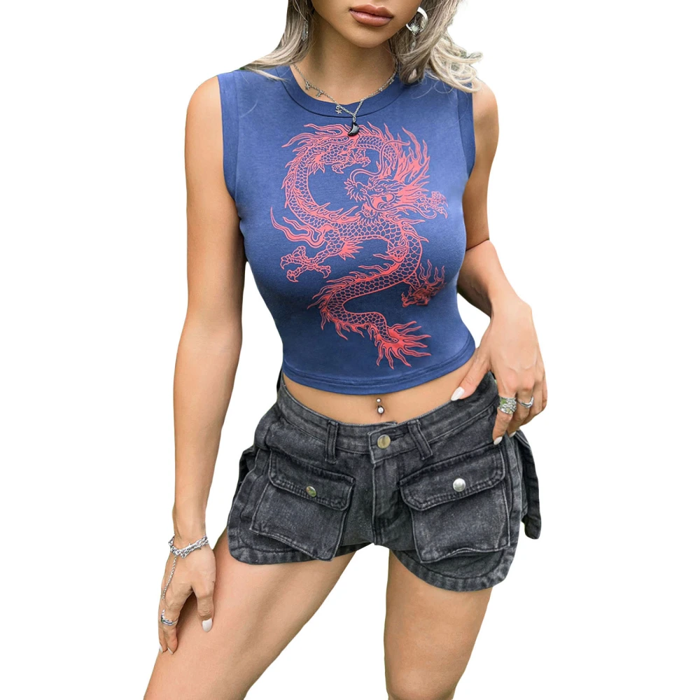 Women Tank Top, Sleeveless Crew Neck Dragon Print Slim Fit Tops