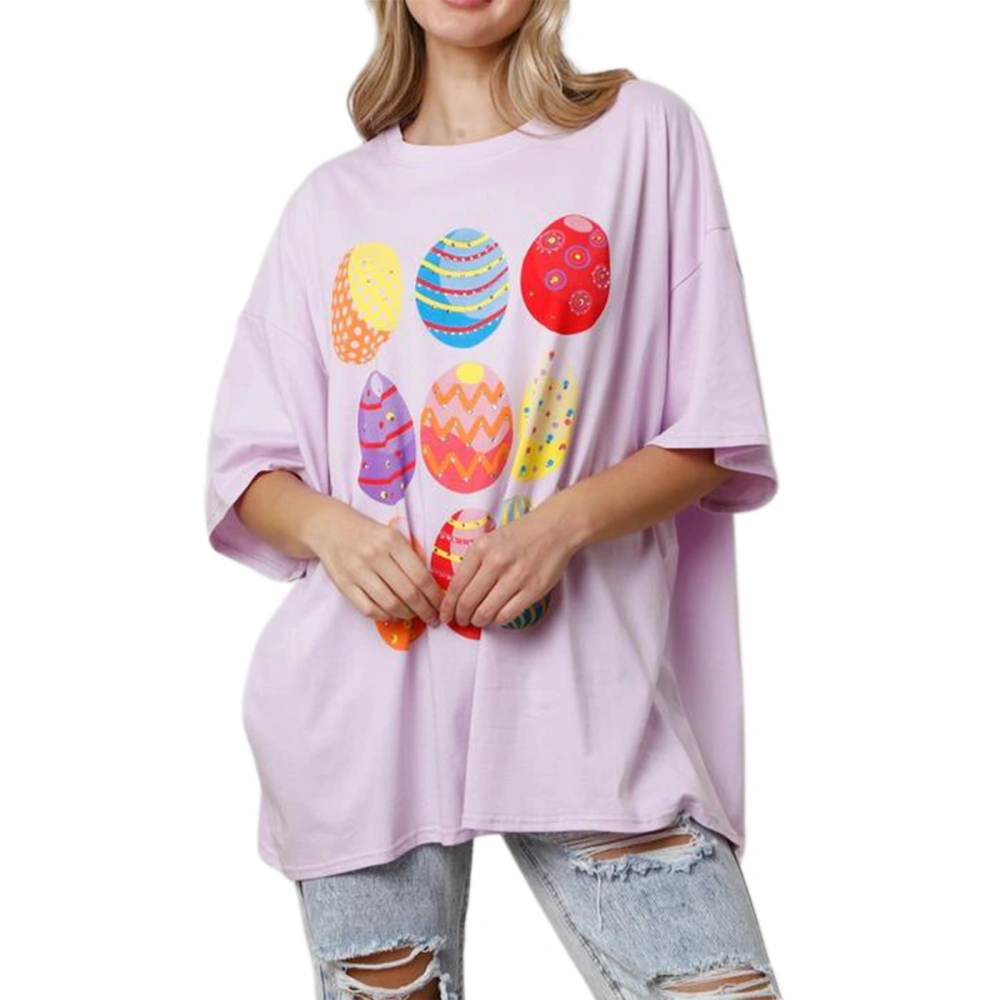 Women Easter T-shirt, Short Sleeve Eggs Print Loose Summer Tops