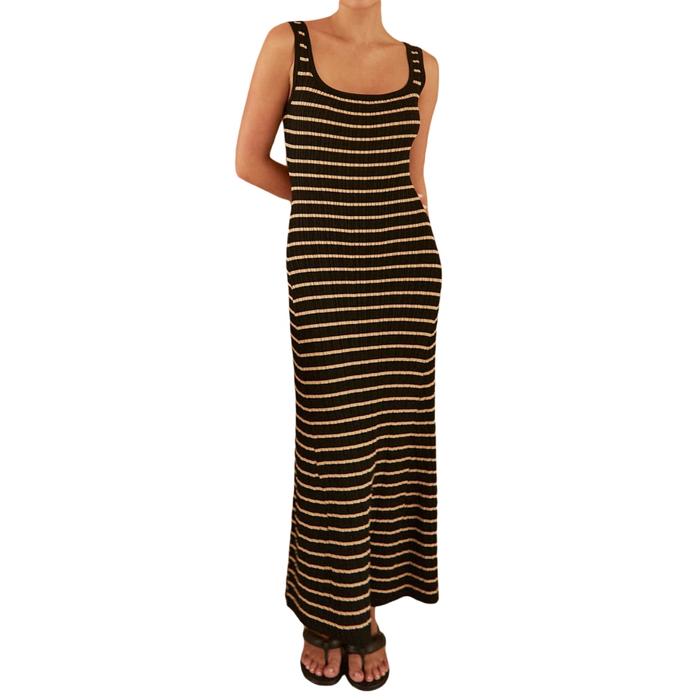 Women Knit Dress Fashion Stripe Sleeveless Bodycon Long Dress