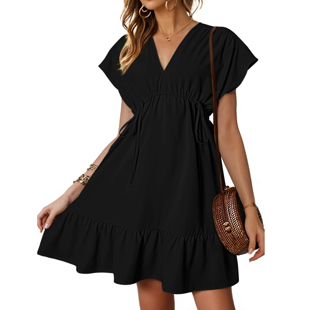 Women's Short Dress V Neck Short Sleeve Drawstring Ruffle Swing Dress 