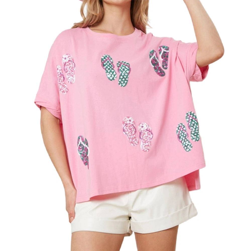 Women Summer T-Shirt Sequin Flip Flop Print Loose Short Sleeve Tops