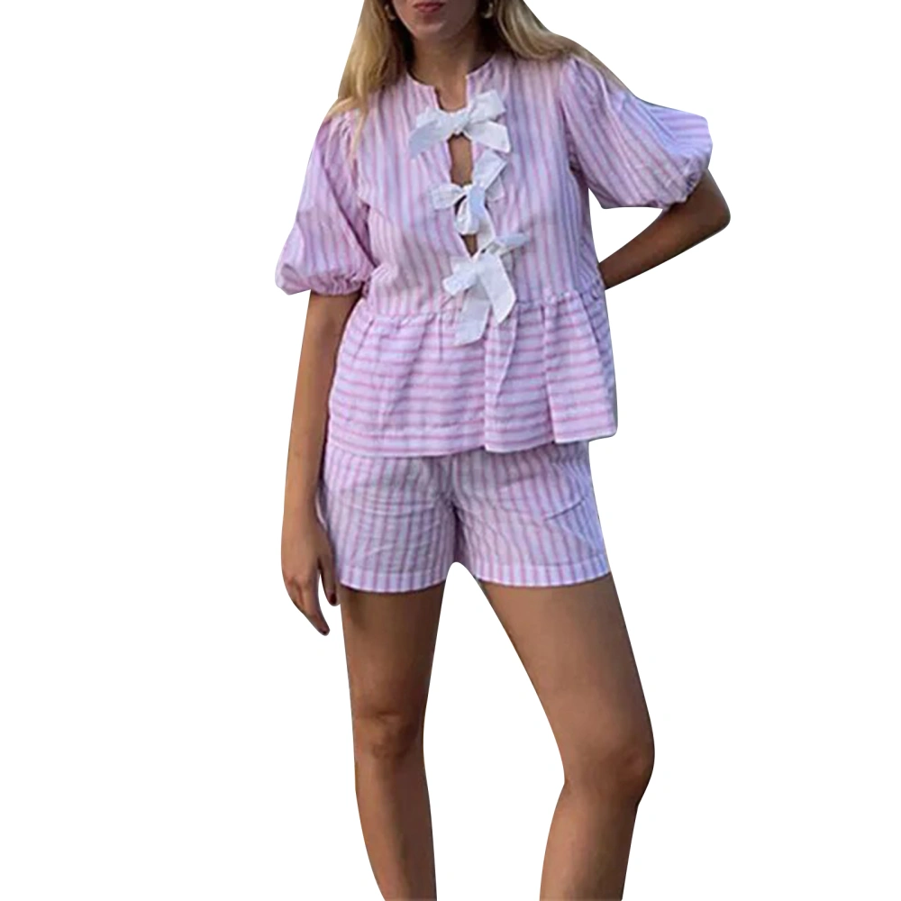 Women Shorts Set, Striped Short Sleeve Tie-up Shirt with Shorts