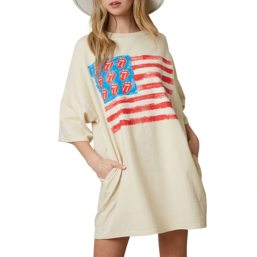 Women's 4th of July Tops Short Sleeve Flag Print Oversized Mini Dress