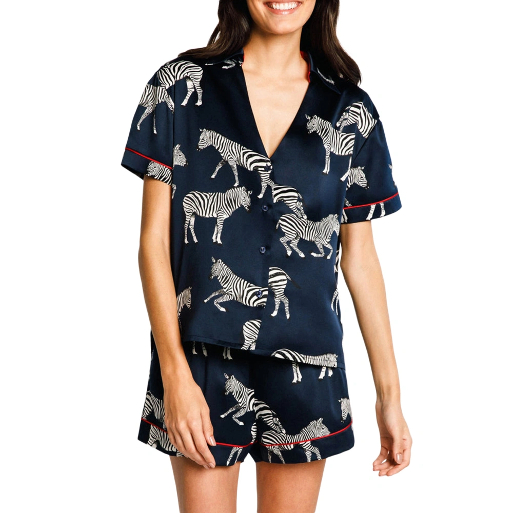 Women Summer Pjs Set Zebra/Tiger Print Button T-Shirt and Shorts