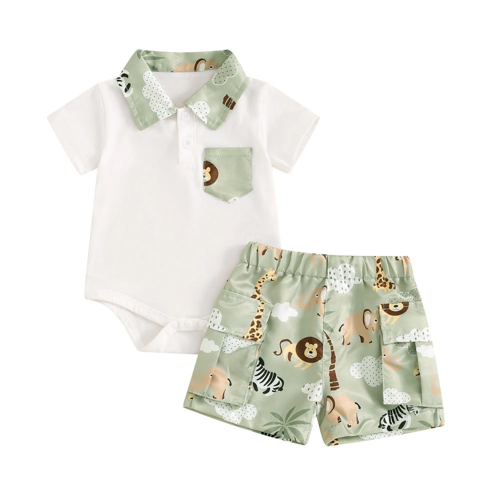 Baby Boy Set, Animal Print Lapel Neck Short Sleeve Romper Cargo Shorts 