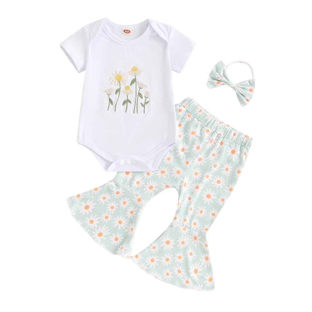 Baby Girl Set Short Sleeve Romper with Daisy Flare Pants Headband 