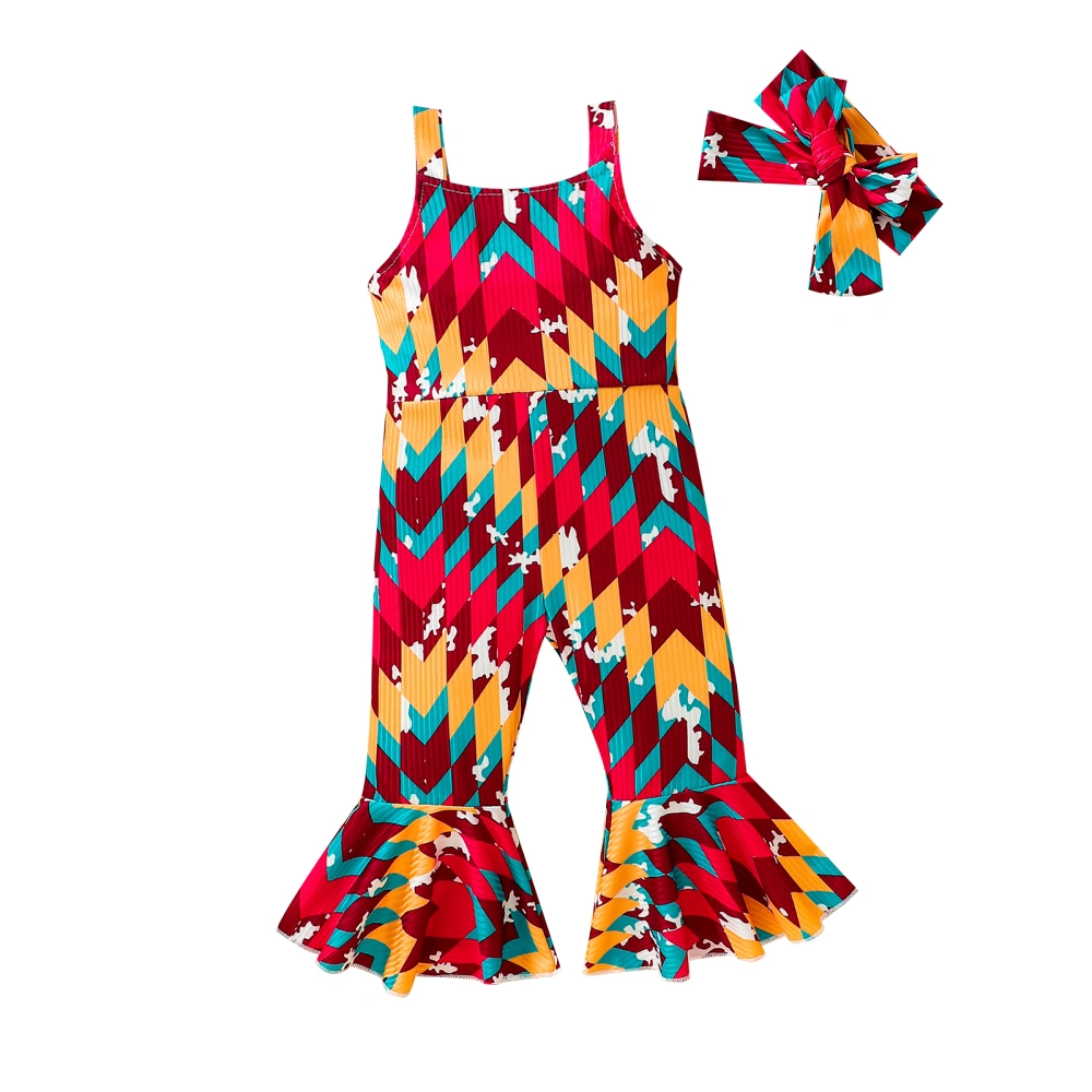 Girls Jumpsuit Chicken/Geometric Pattern Print Playsuit with Headband