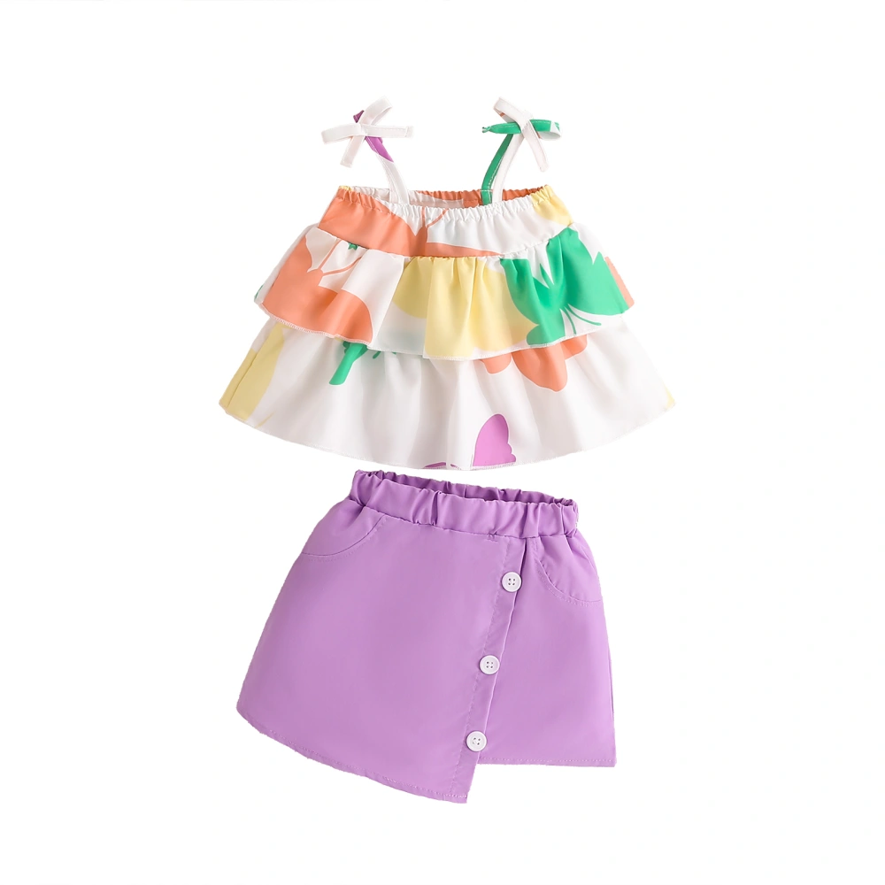 2PCS Baby Girl Summer Clothes Ruffle Cami Tops + Button Skirt Set