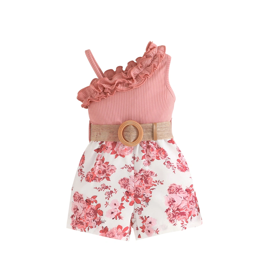 Girls Jumpsuit, Sleeveless Ruffled Flower Print Romper with Belt