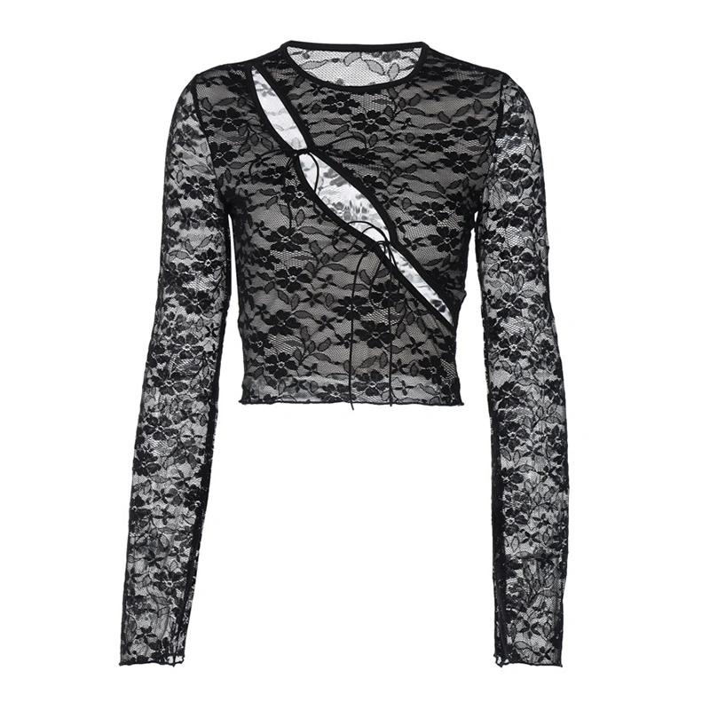 Women’s Lace Crop Tops Long Sleeve Crew Neck Tie-up Sheer T-Shirts 